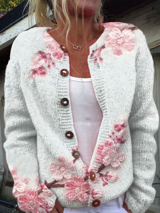 Women's Breast Cancer Pink Flower Print Knitted Cardigan