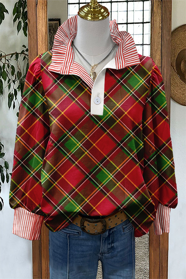Classic Christmas Plaid Print Stripe Puff Sleeve Blouse