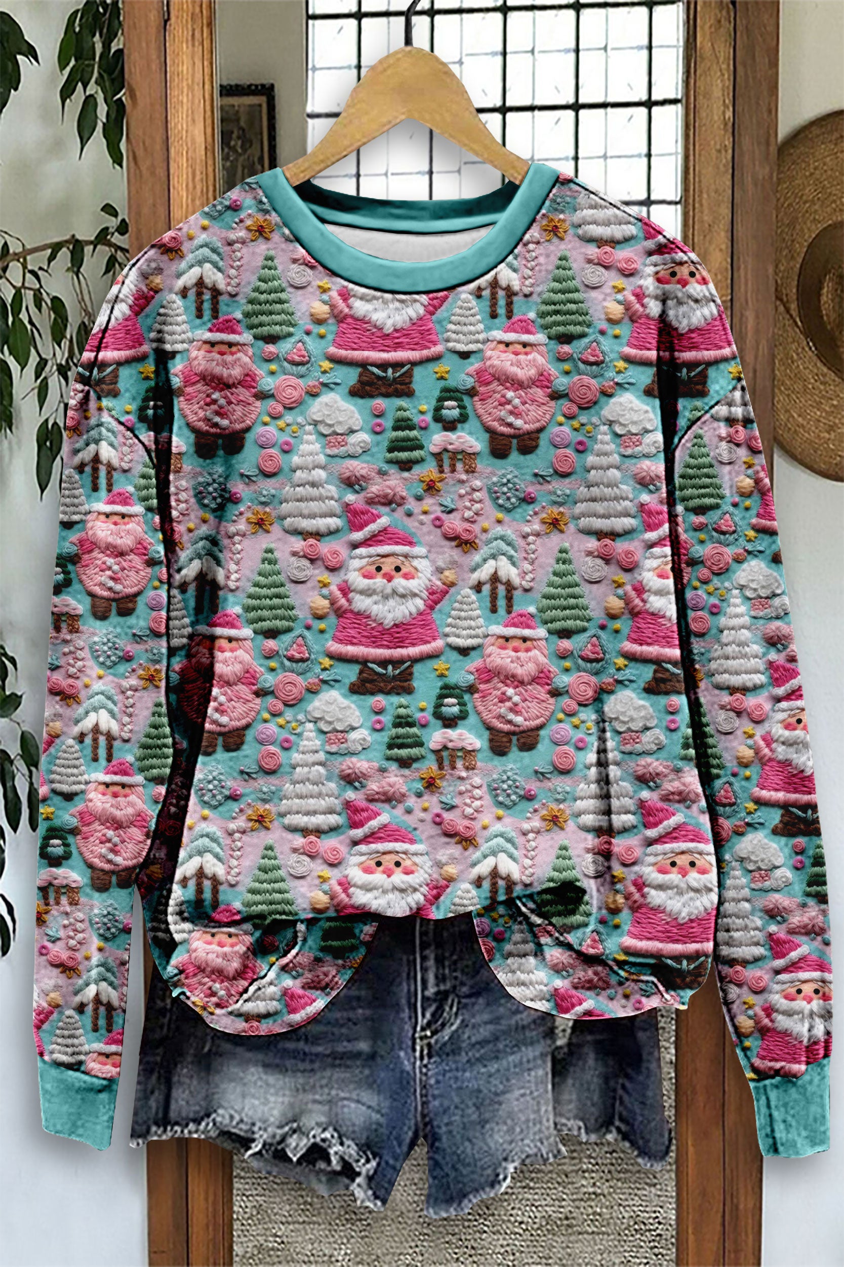 Vintage Pastel Santa Print Sweatshirt