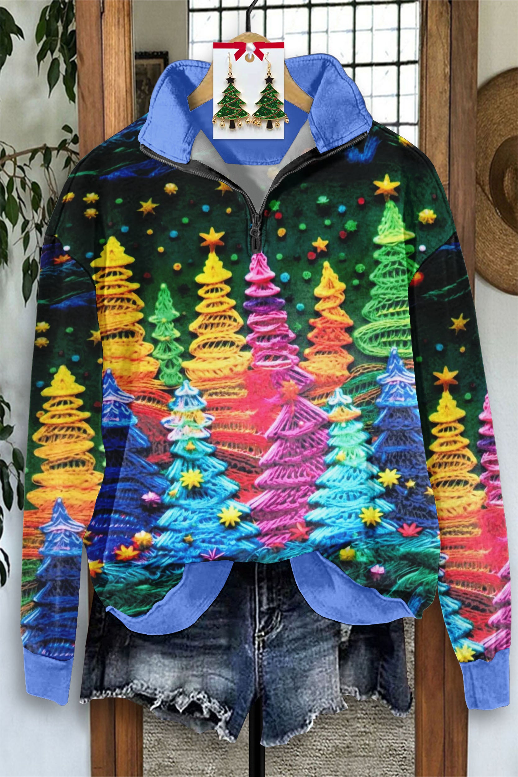 Vintage Christmas Tree Print Zip-Up Sweatshirt