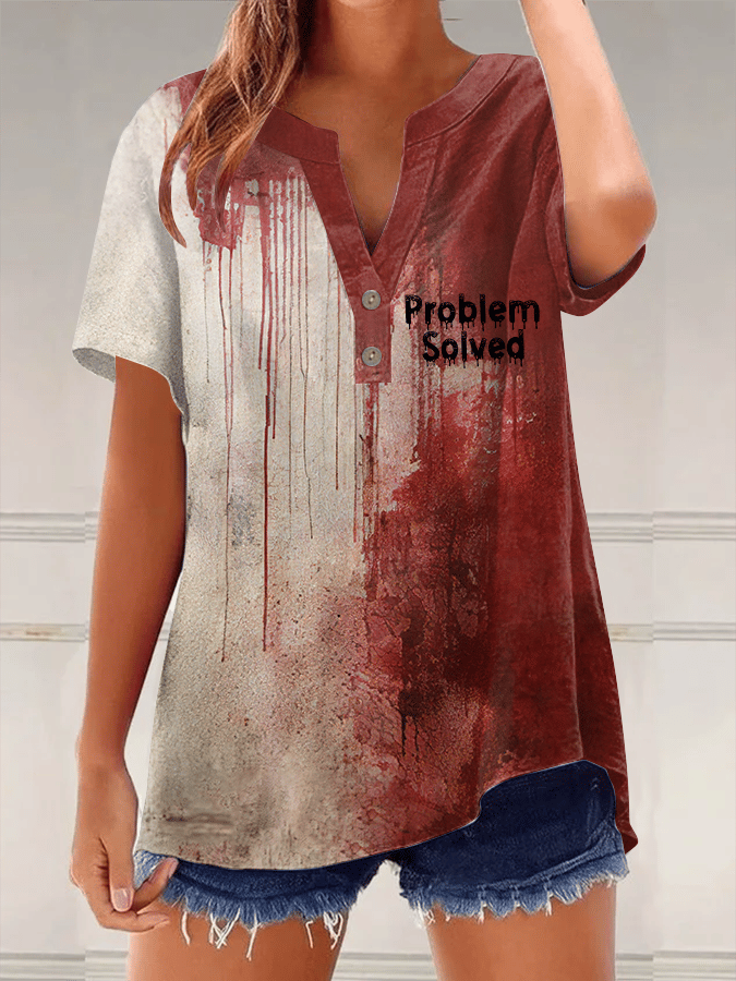 Women's Bloody Problem Solved Halloween Print Button Design V-Neck Casual Shirt