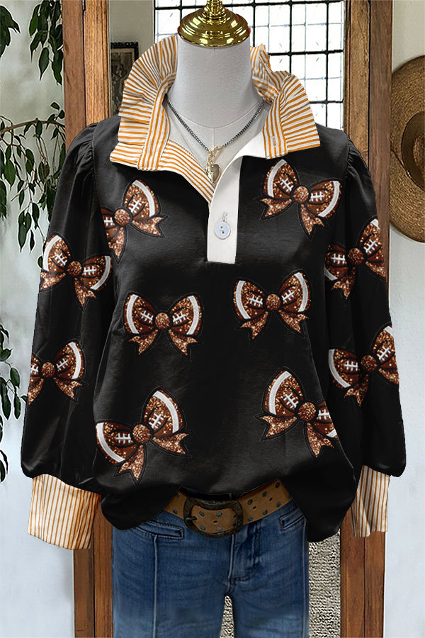 Gameday Football Bow Print Puff Sleeve Blouse