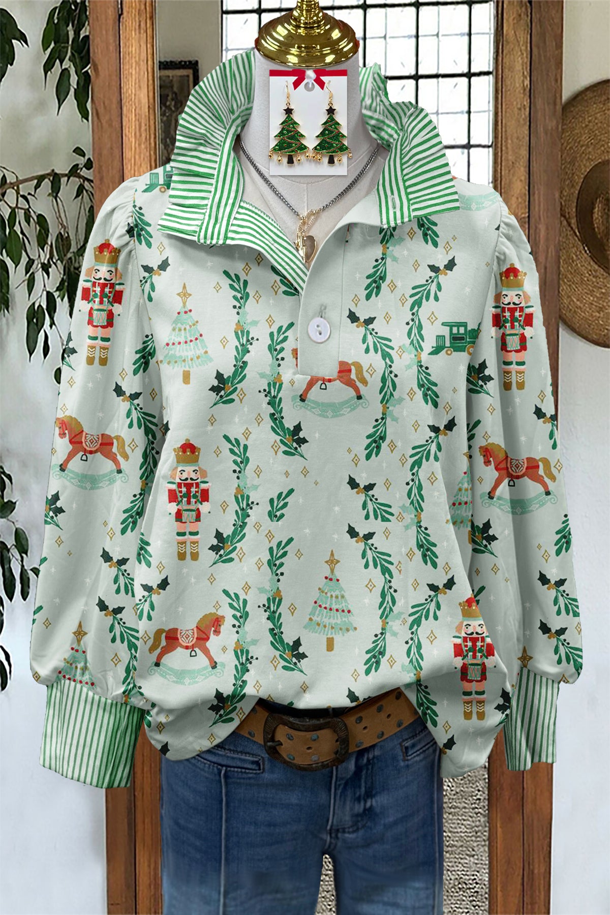Fresh Christmas Nutcracker Print Stand Collar Blouse