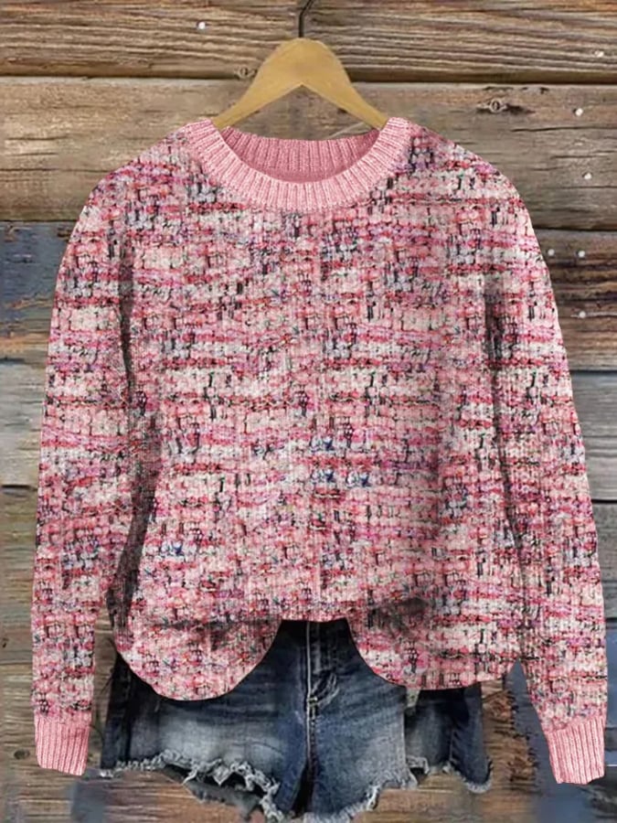 Womens Vintage Classic Pink Tweed Breast Cancer Awareness Print Crew Neck Sweater