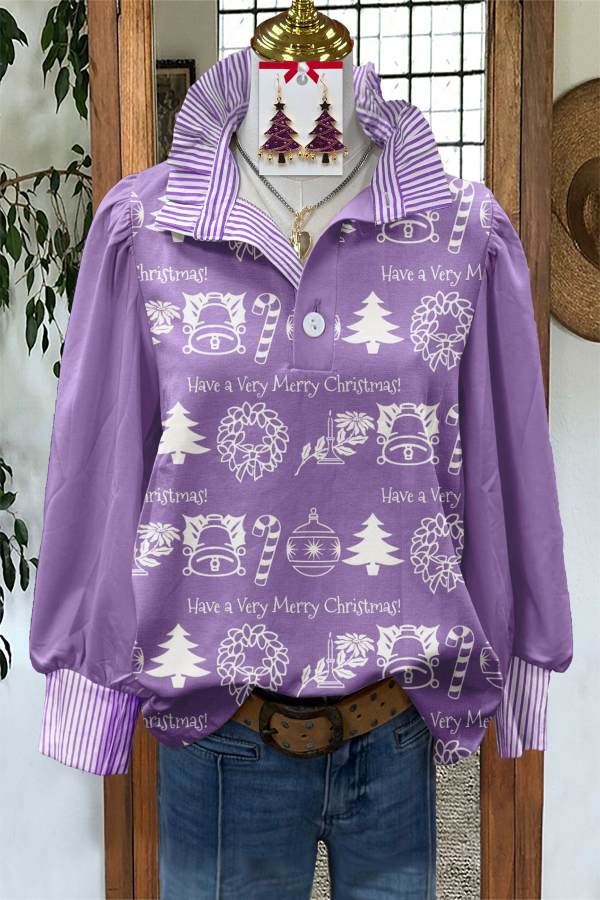 Fresh Christmas Tree Print Stand Collar Blouse