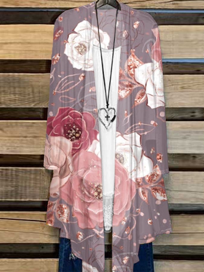 Women's Breast Cancer Flower Print Long Sleeve Cardigan