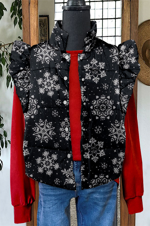 Classic Christmas Snowflake Print Ruffle Vest