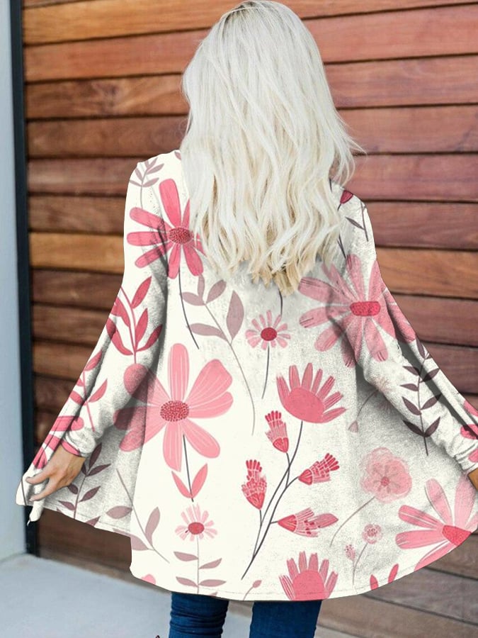 Women's Breast Cancer Pink Flower Print Long Sleeve Cardigan