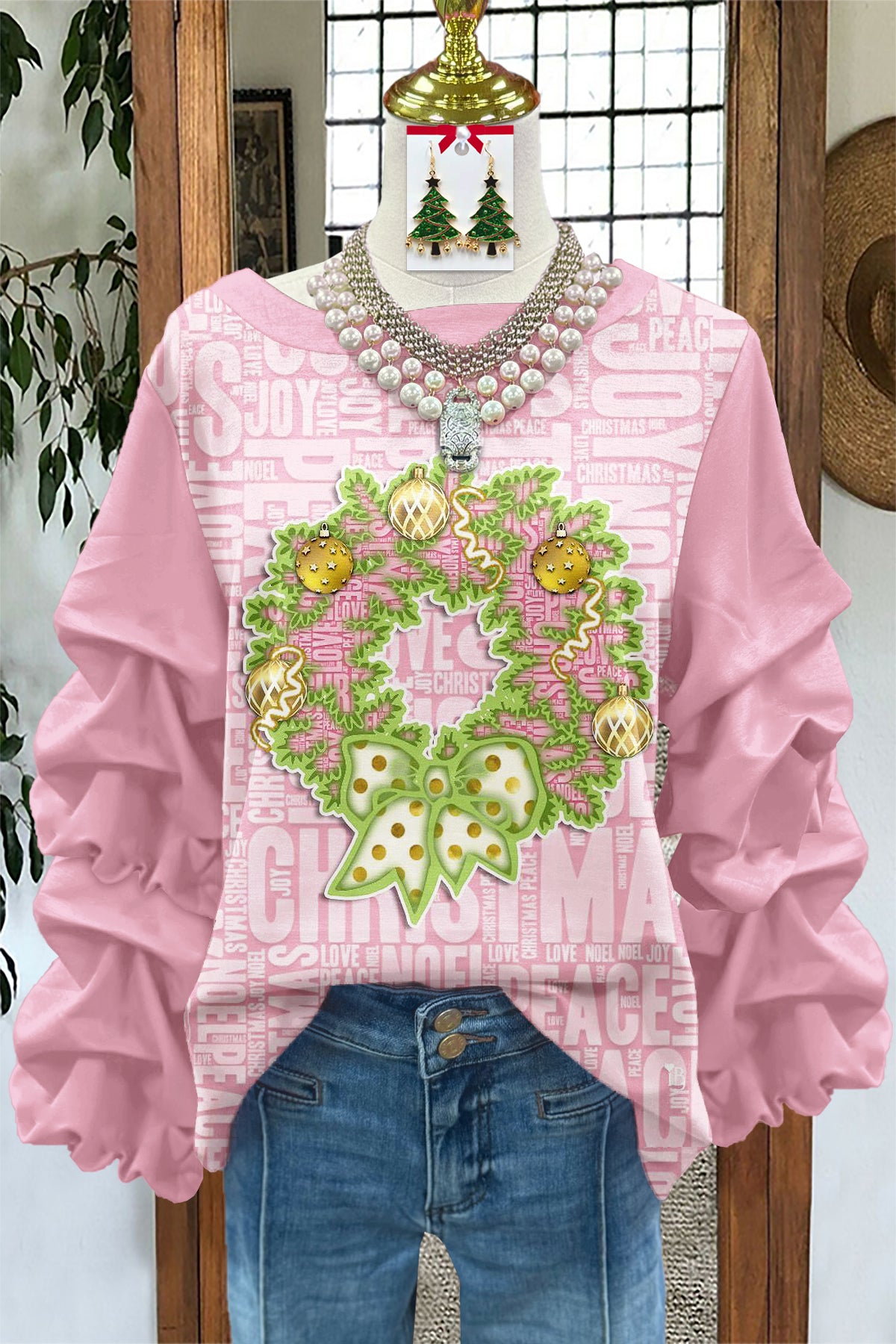 Sweet Christmas Wreath Print Pleated Sweatshirt