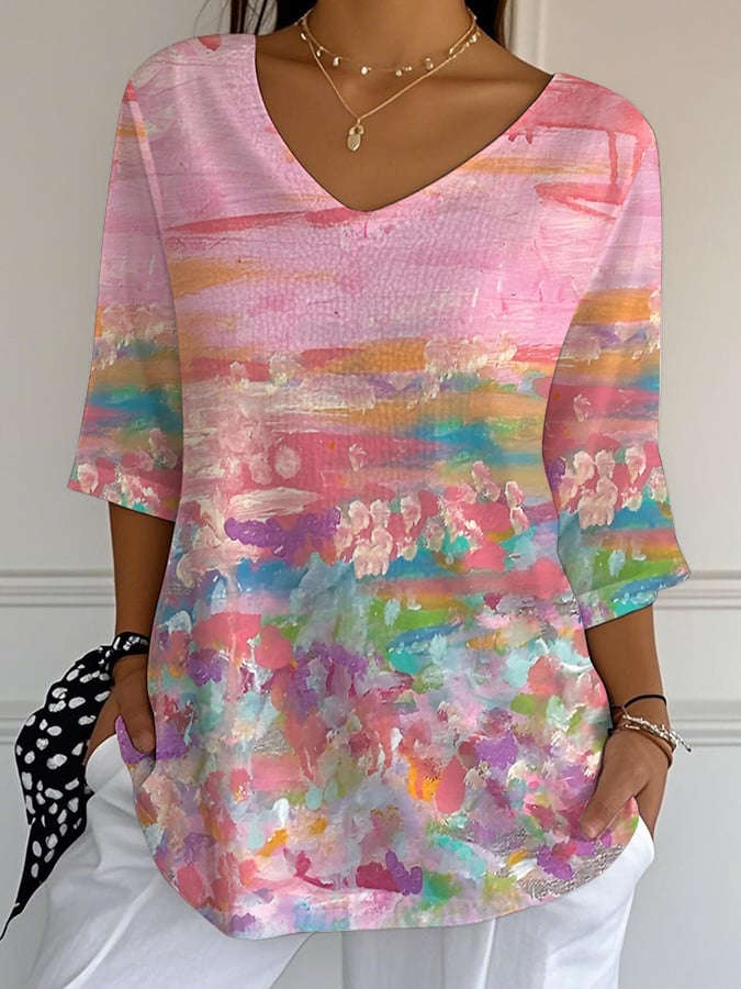 Women's Fashion Casual Pink Art Gradient Bubble Wrinkle Top