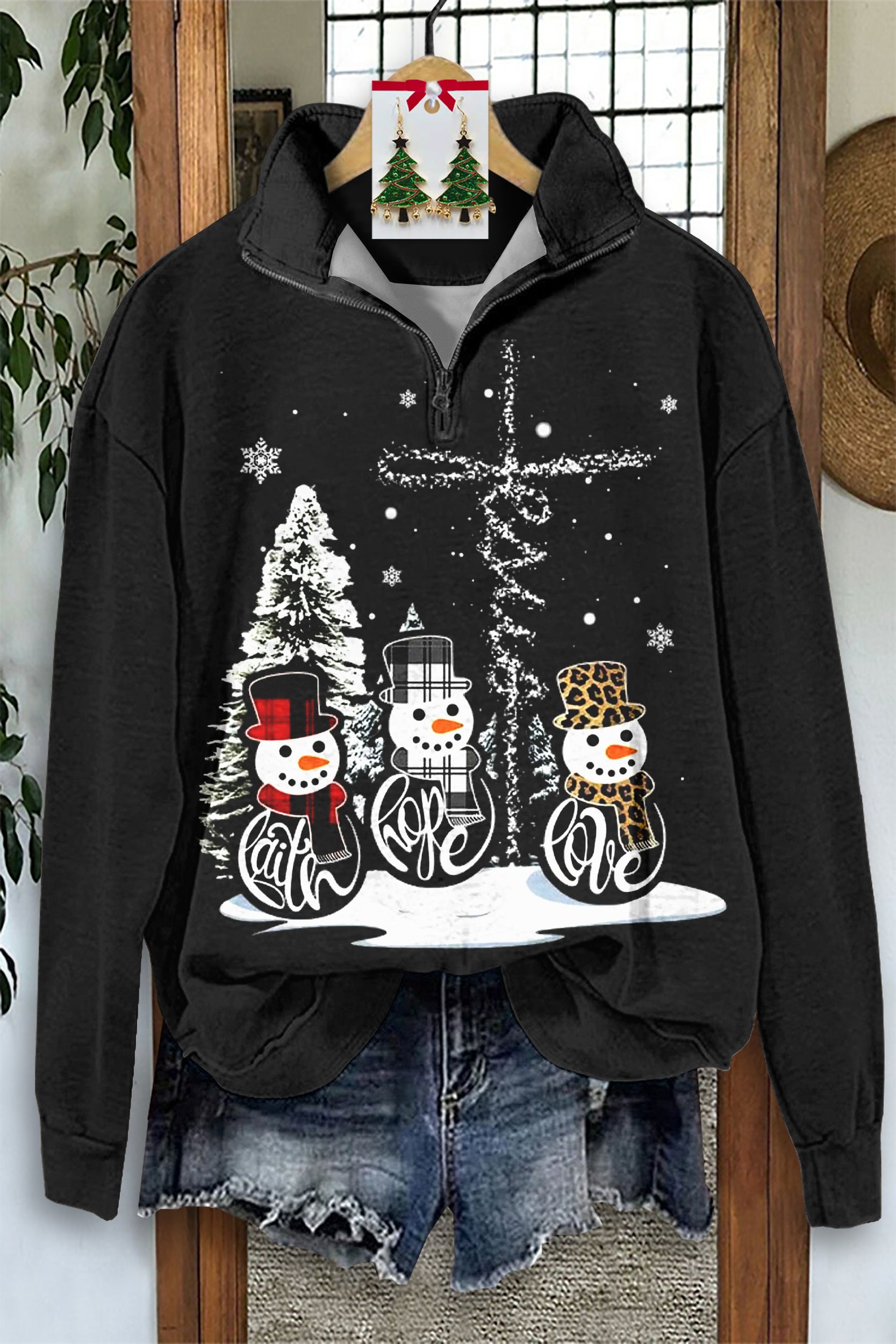Classic Christmas Snowman Print Zip-Up Sweatshirt