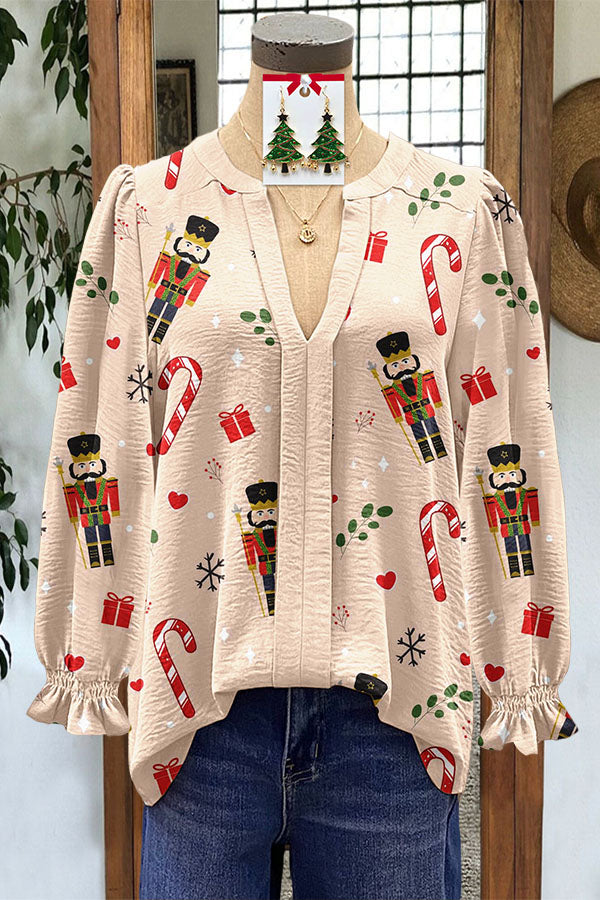 Christmas V-Neck Nutcracker Print Shirt