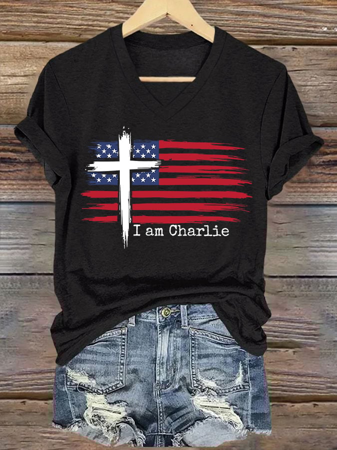V-Neck Retro Faith Flag Cross I Am Print T-Shirt