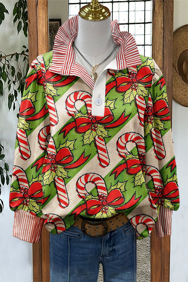 Sweet Christmas Candy Canes Print Puff Sleeve Blouse