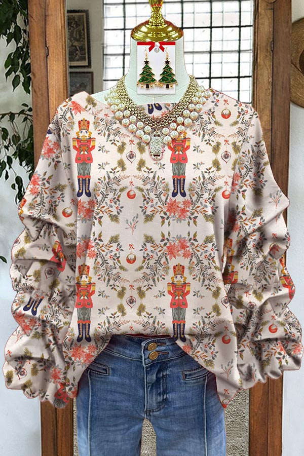 Christmas Nutcracker Print Detail Sleeve Top