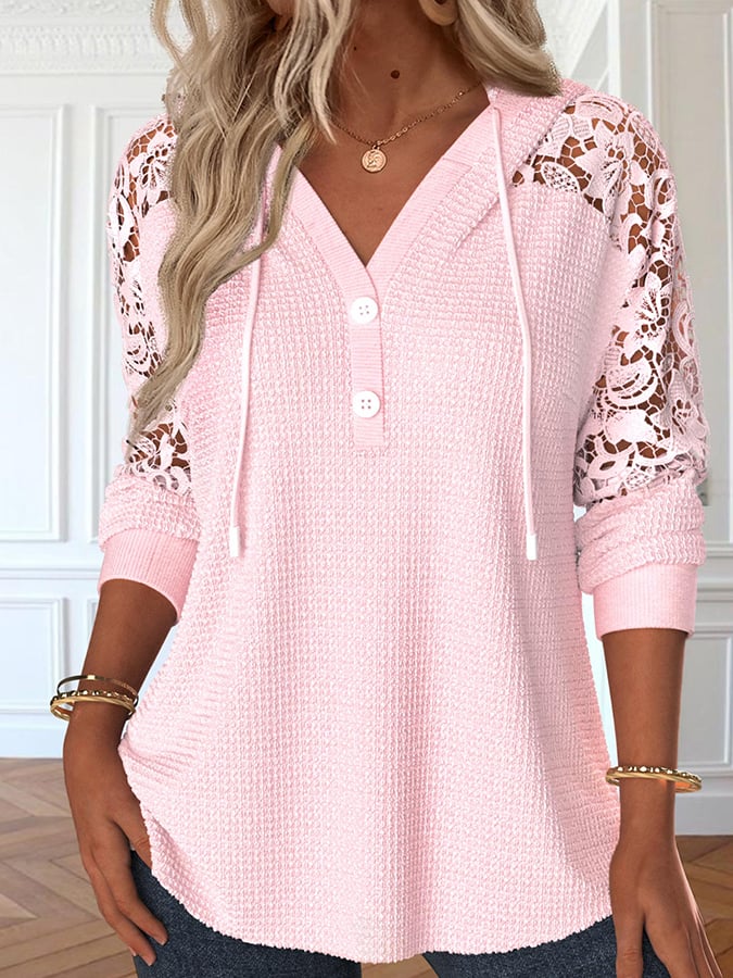 Women'S Pink Lace Long Sleeve Pullover