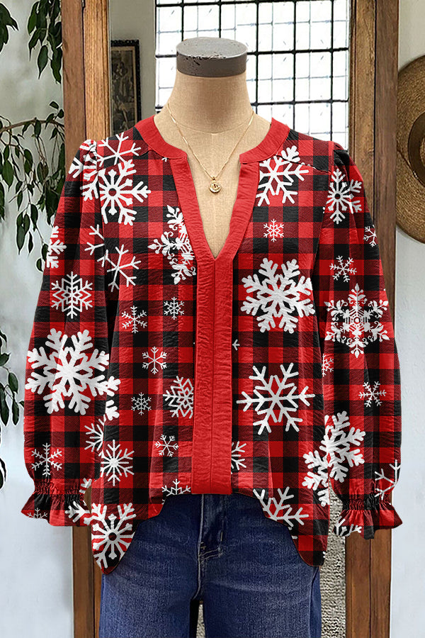 Classic Christmas Plaid Snowflake Print Puff Sleeve Blouse