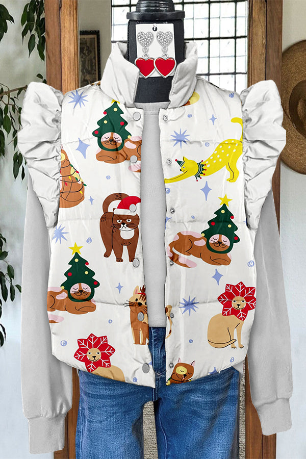 Christmas Cat Print Flying Sleeves Quilted Vest