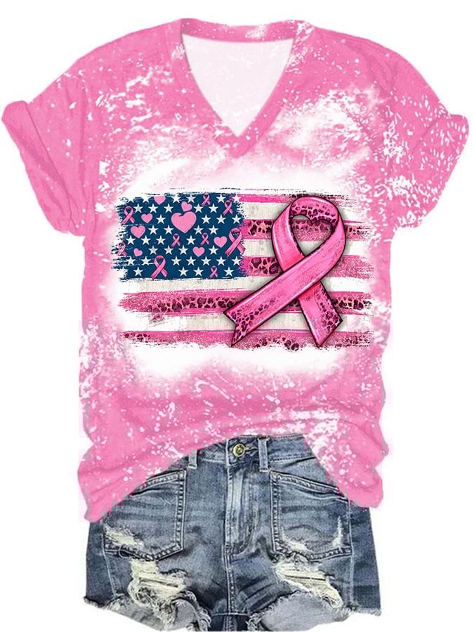 Breast Cancer Ribbon Print V Neck T-Shirt
