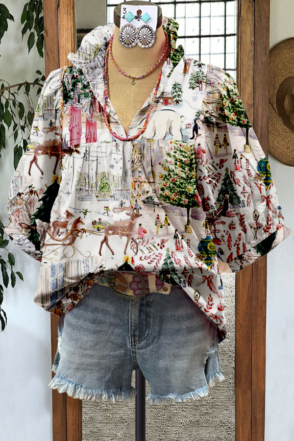 Puff Sleeve Contrast Christmas Print Blouse