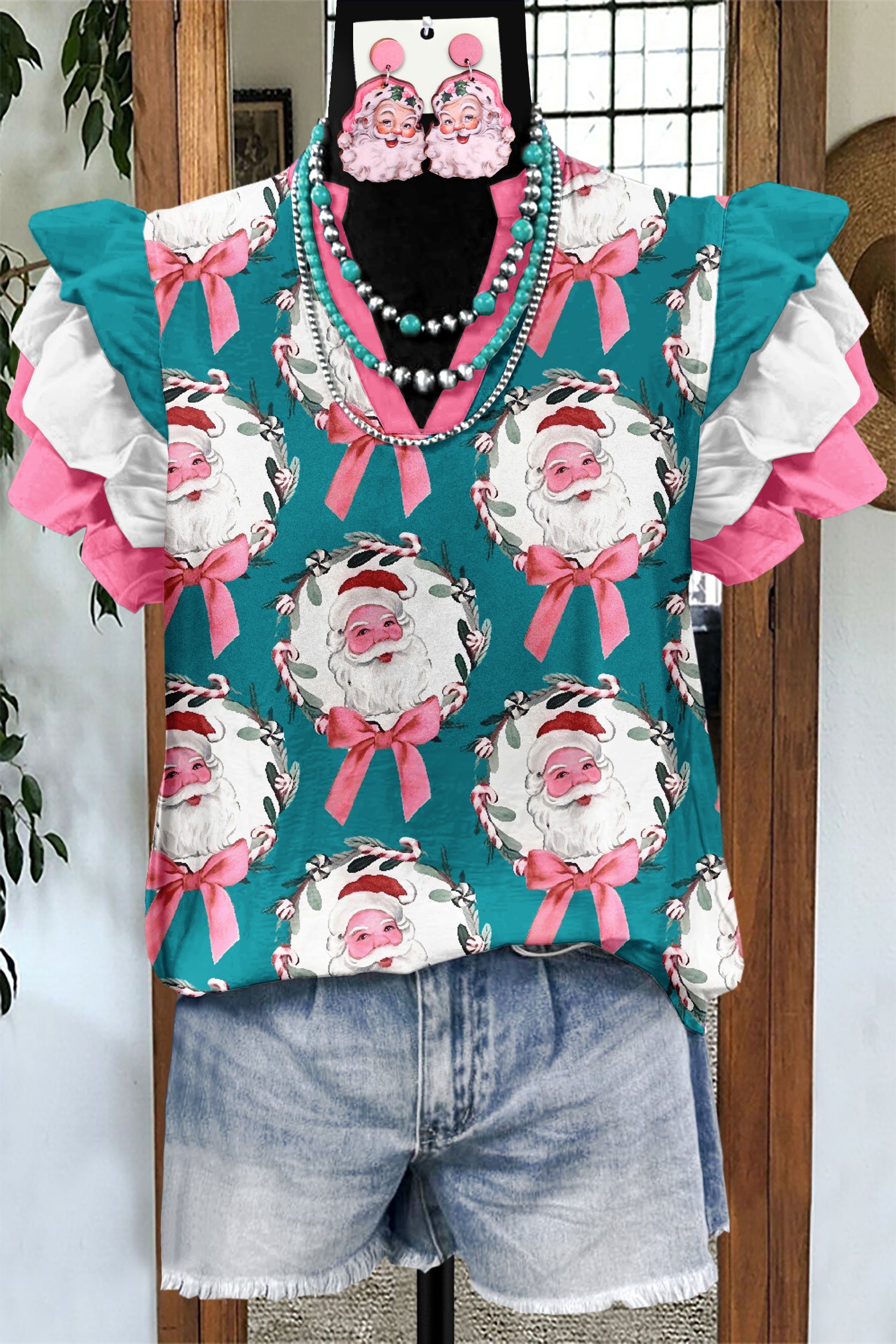Cute Christmas Santa Claus Print Fly Sleeve Blouse