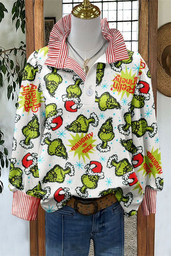 Funny Christmas Grinch Print Puff Sleeve Blouse