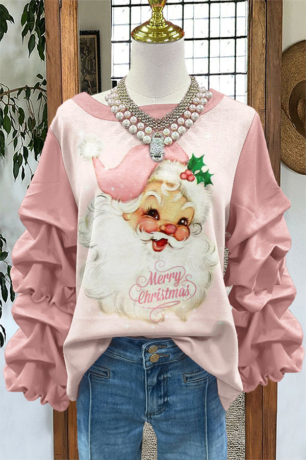 Cute Christmas Santa Claus Print Pleated Sweatshirt