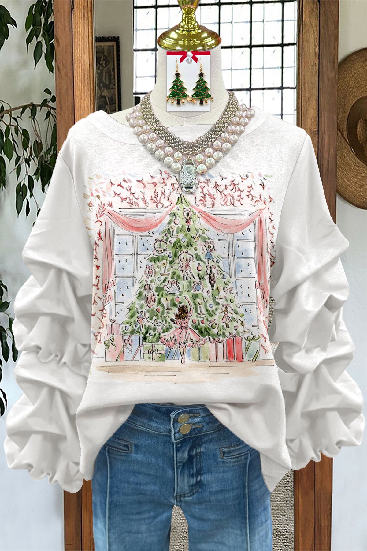 Sweet Christmas Tree Print Pleated Sweatshirt