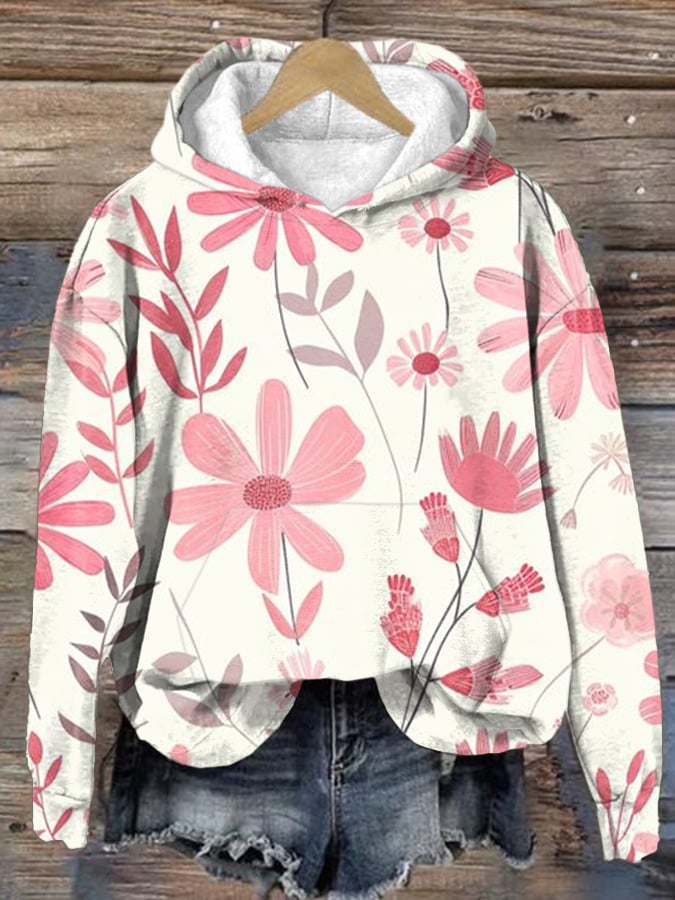 Women's Breast Cancer Pink Flower Print Casual Round Neck Sweatshirt