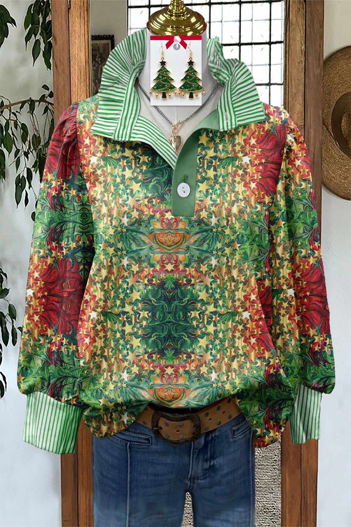 Classic Christmas Star Print Stand Collar Blouse