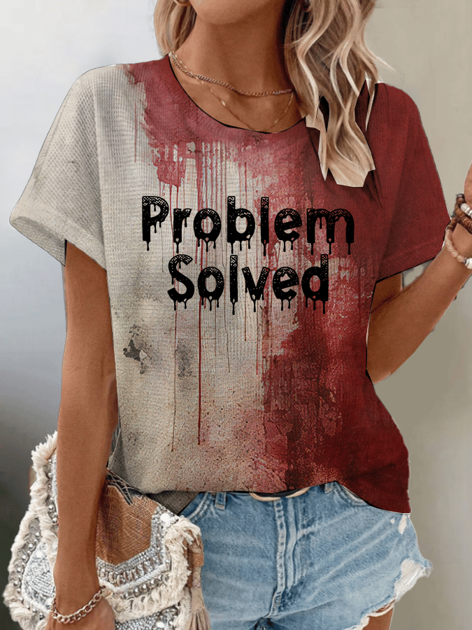 Women's Bloody Problem Solved Halloween Print Waffle Crew Neck T-Shirt