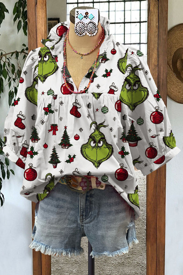 Elegant Contrast Grinch Print Blouse