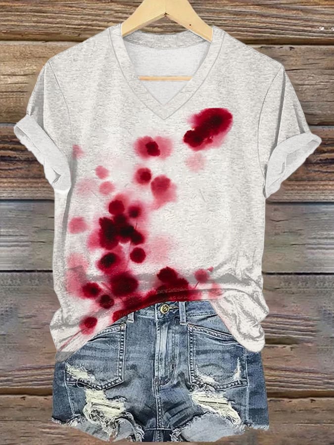 Women's Casual Bloodstained Floral Print V-Neck Short Sleeve T-Shirt