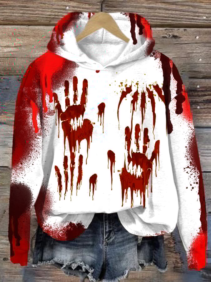 Women's Halloween Blood Handprint Print Hoodie Long Sleeve Sweatshirt