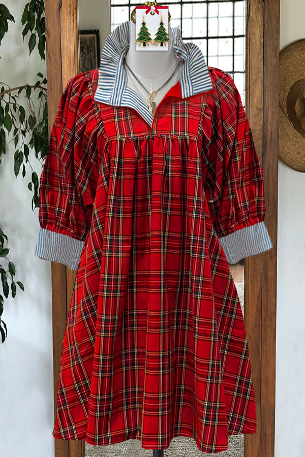 Striped Contrast Check Print Midi Dress