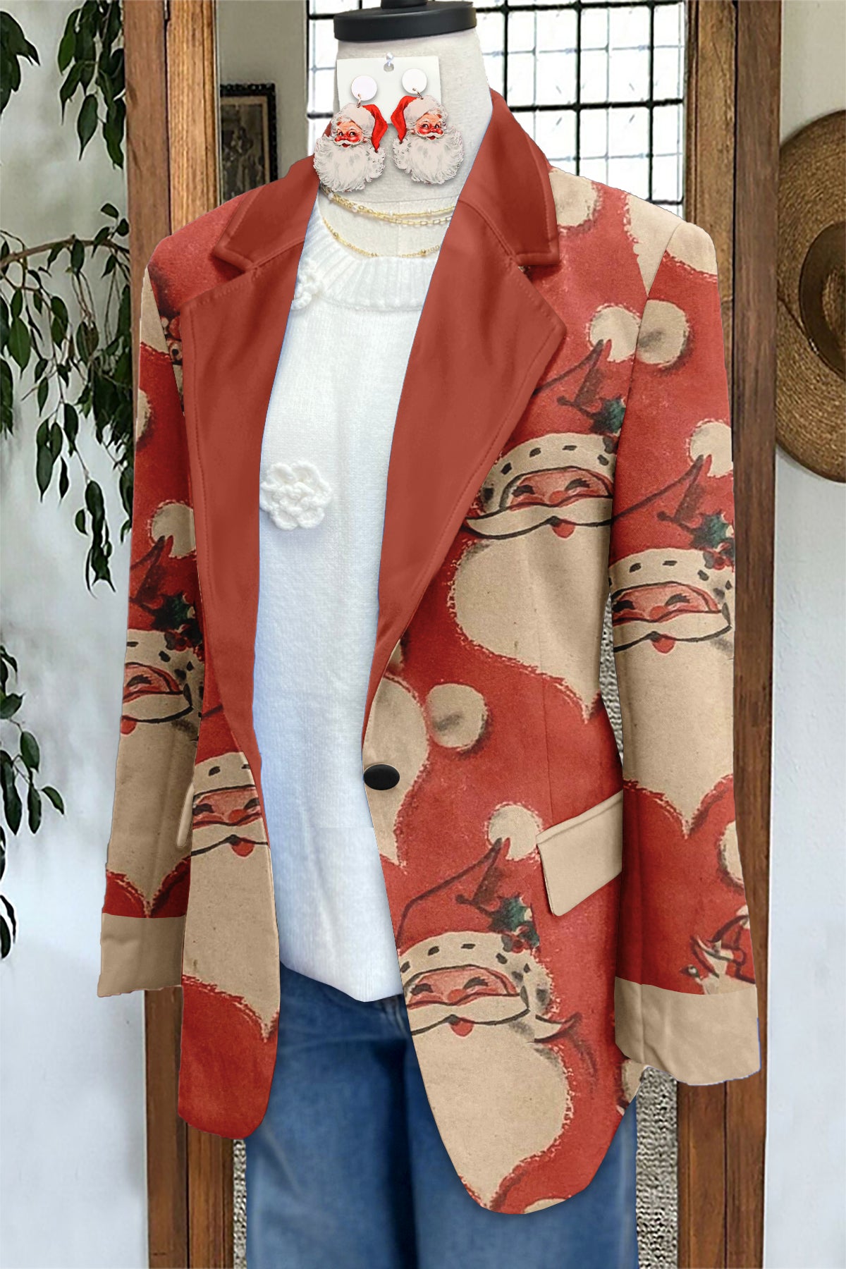 Vintage Christmas Ugly Santa Print Blazer