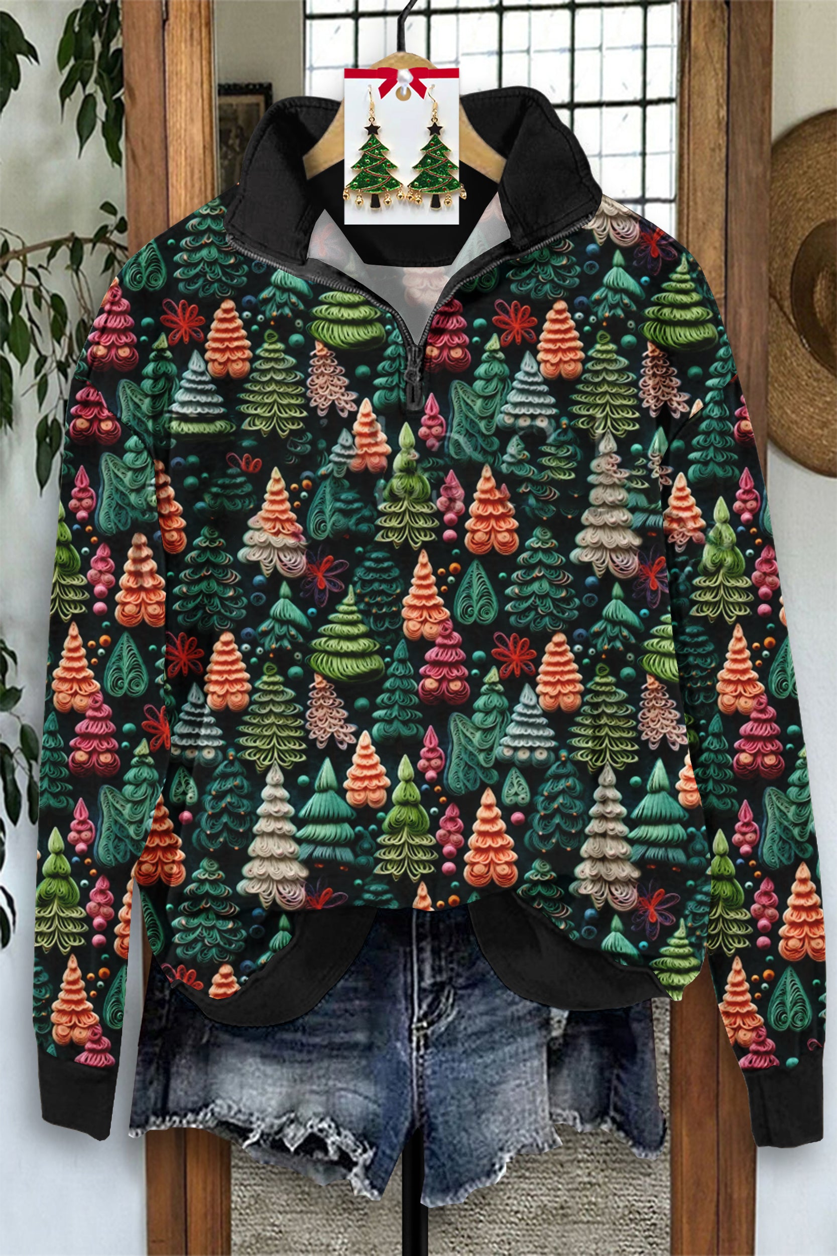 Vintage Christmas Tree Print Zip-Up Sweatshirt