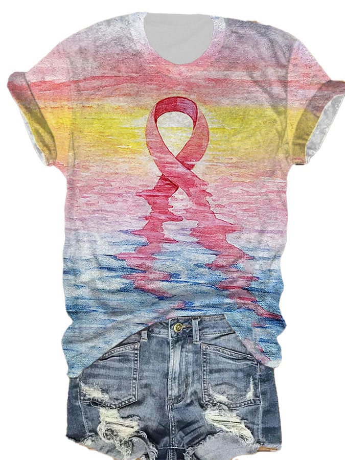 Women's Casual Pink Ribbon Breast Cancer Art Print Short Sleeve T-Shirt