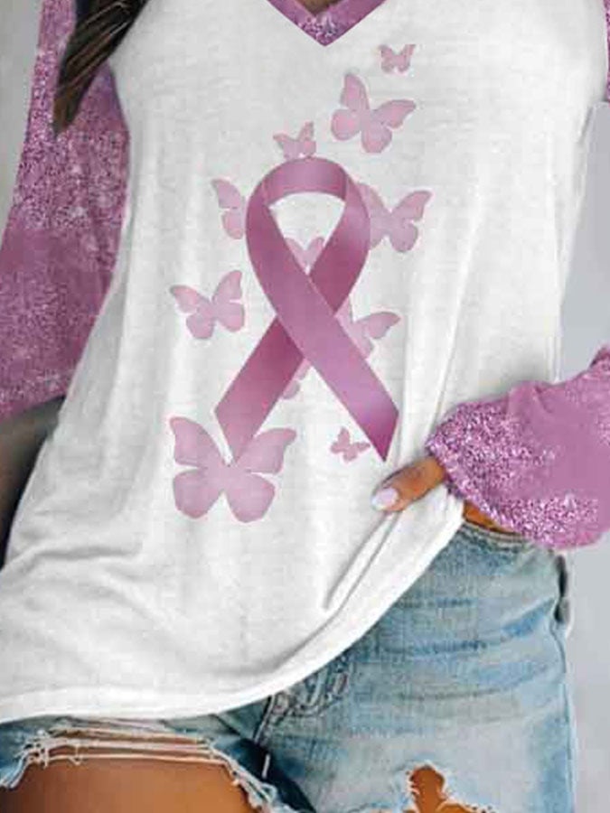 Women's Breast Cancer Floral Long Sleeve V Neck T-Shirt