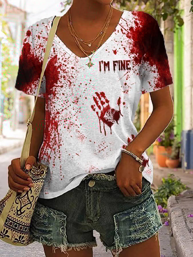 Women's Halloween Horror Bloodstained I'm Fine Print Casual V-Neck T-Shirt