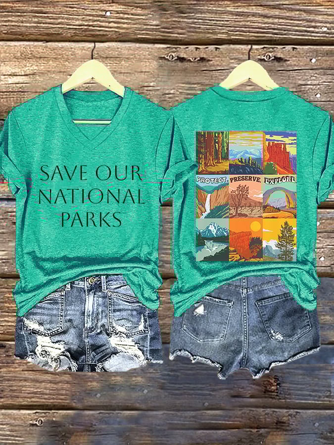 V-neck Retro Save Our National Parks Protect, Preserve, Explore Print T-Shirt