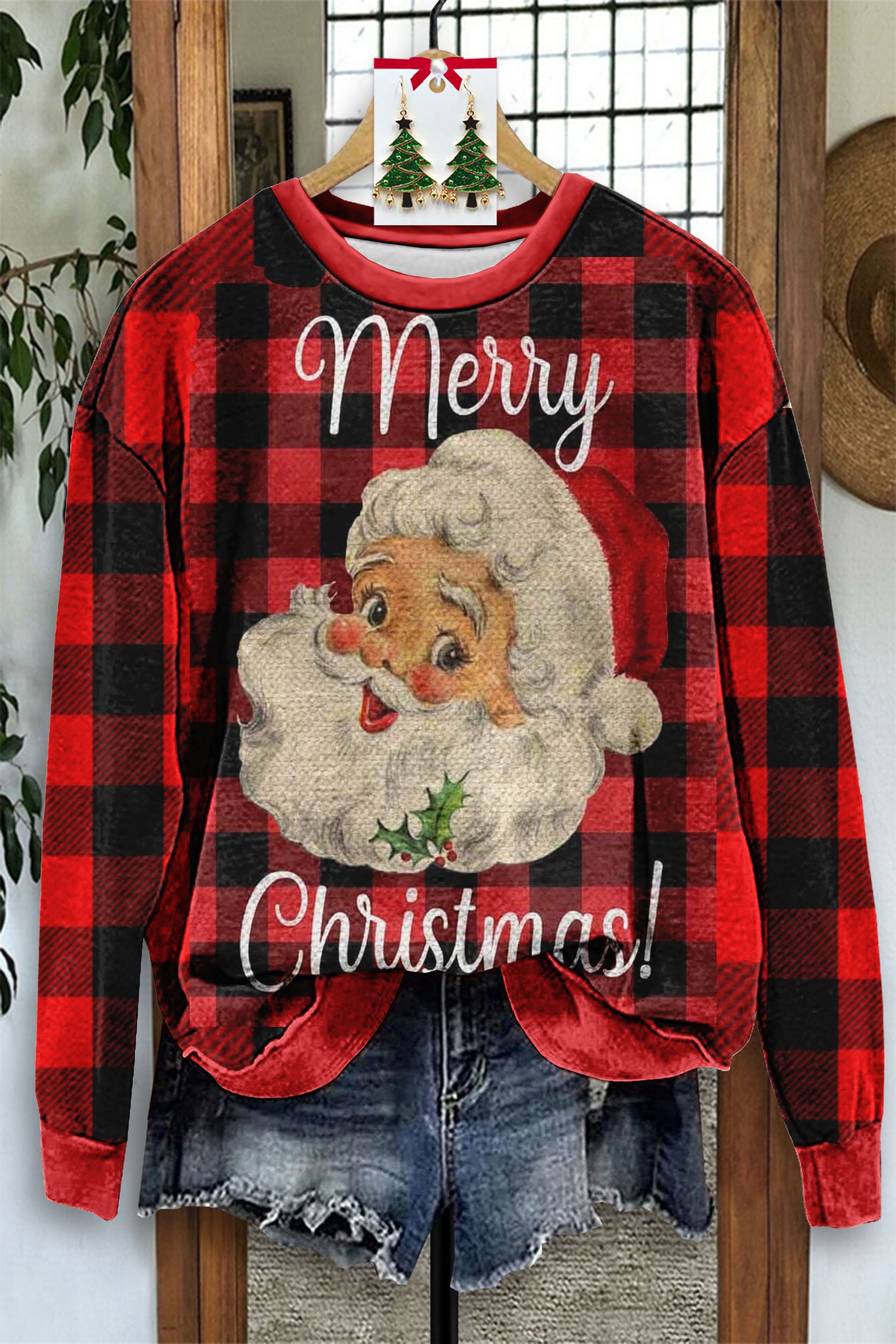 Beautiful Santa Claus Checkered Print Sweatshirt