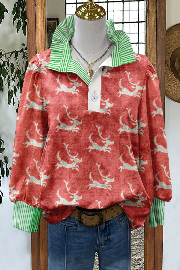 Velvet Christmas Elk Print Puff Sleeve Top