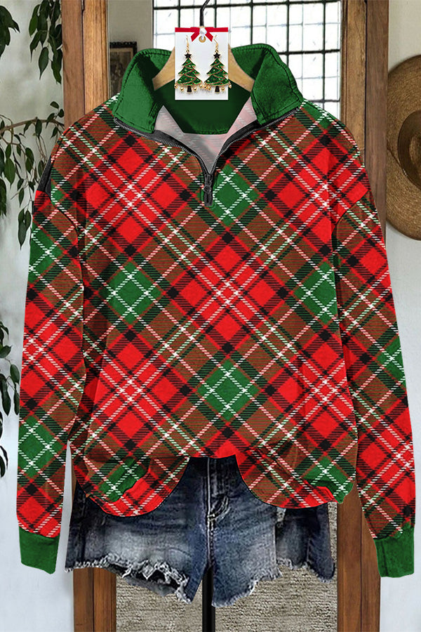 Christmas Plaid Zipper Sweatshirt