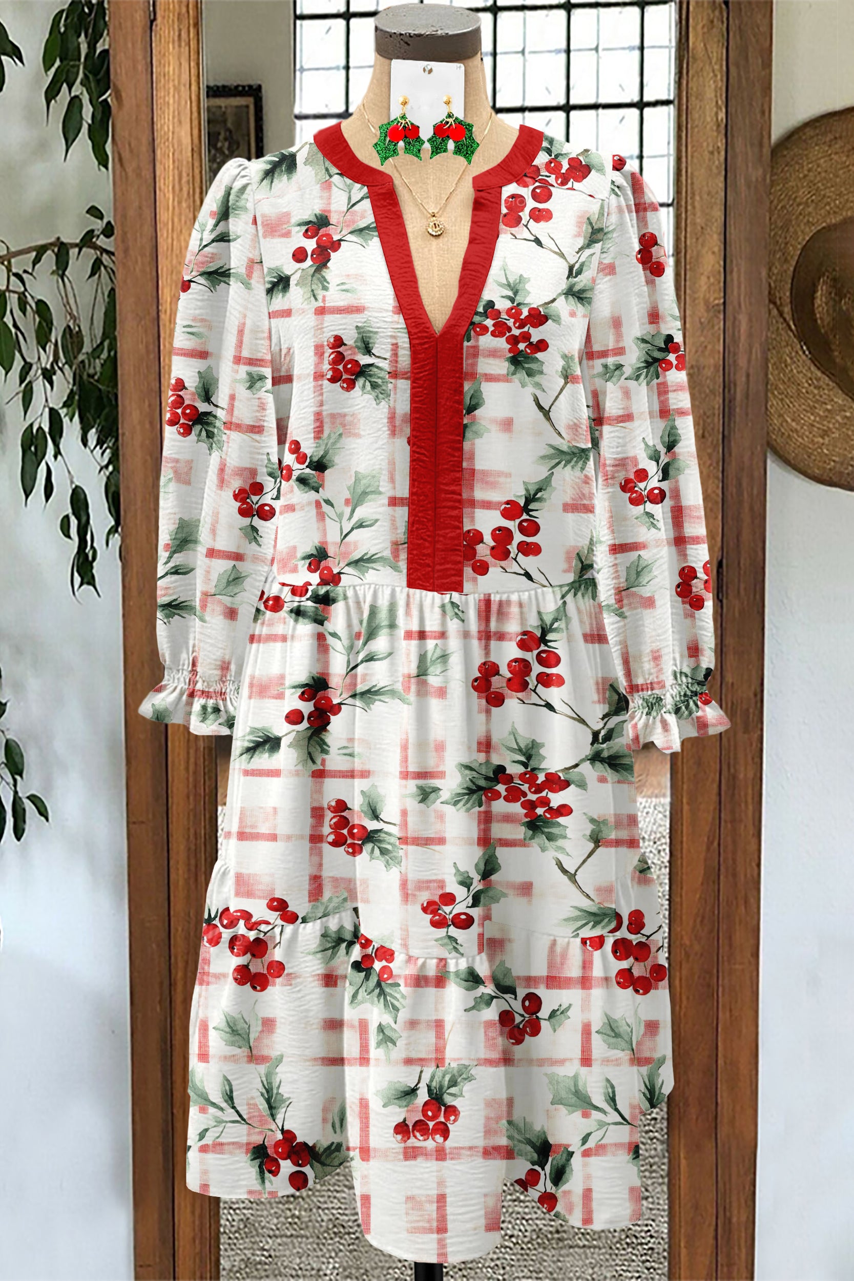 Christmas Holly Print Textured Fabric Dress