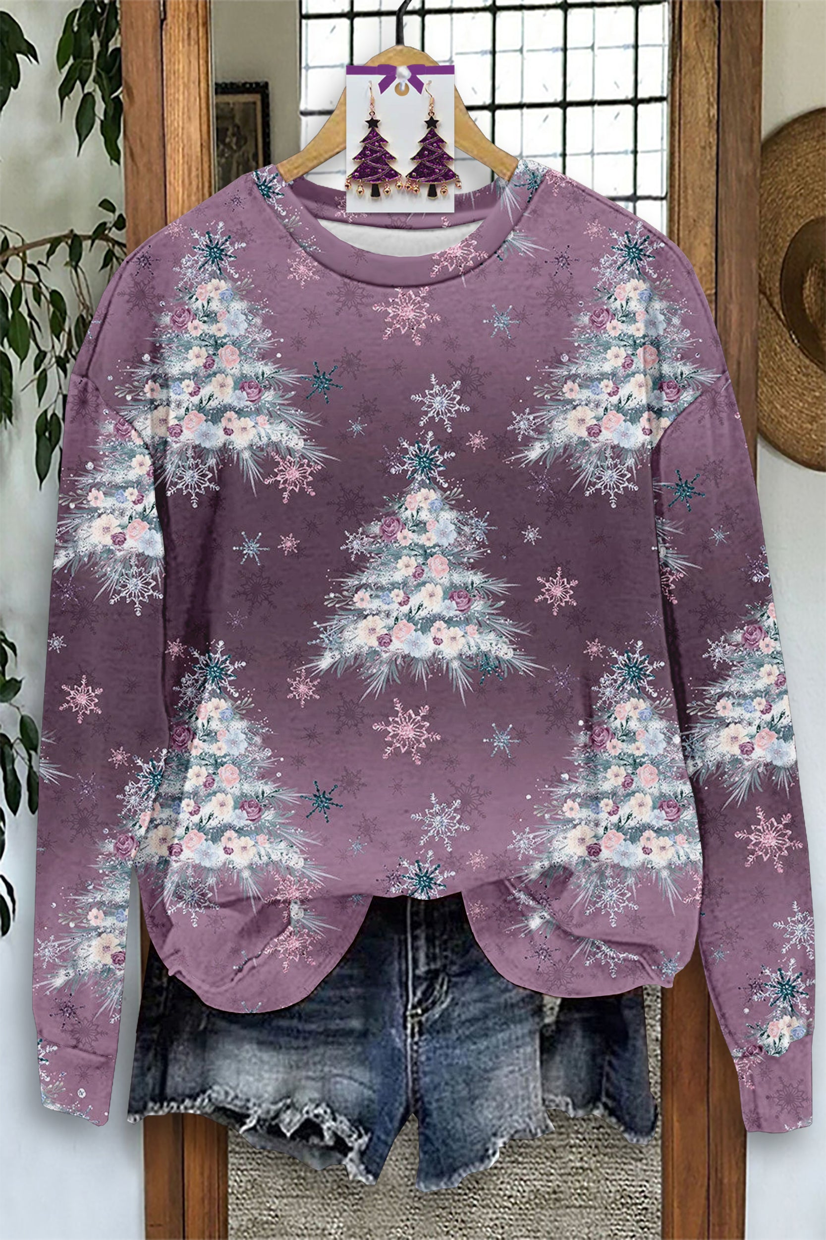 Casual Christmas Tree Print Long Sleeve Sweatshirt