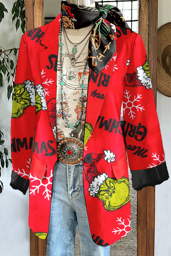 Stylish Christmas Grinch Print Blazer