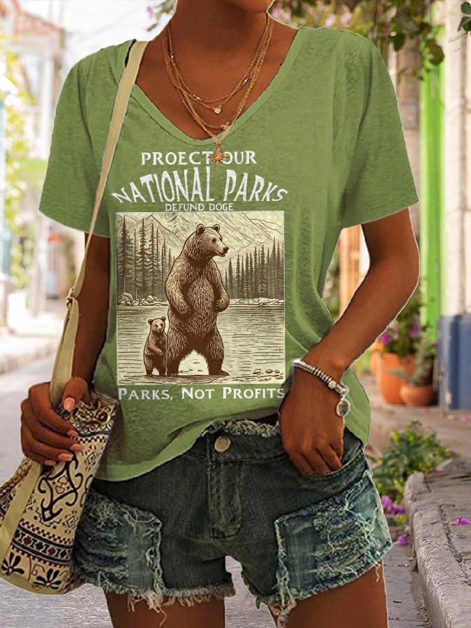 Women's Support National Parks Print V Neck Casual T-Shirt