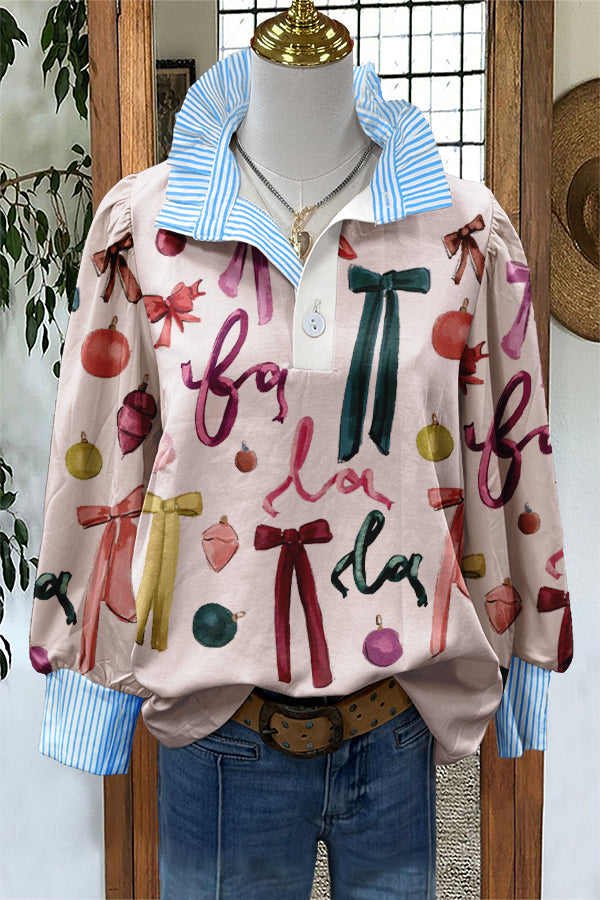 Sweet Christmas Bow Print Puff Sleeve Blouse