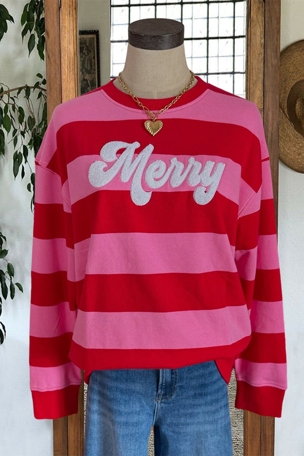 Retro Striped Merry Print Sweatshirt